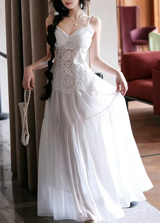Handmade White V Neck Patchwork Lace Party Dress Summer