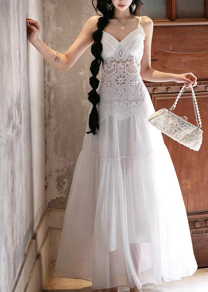 Handmade White V Neck Patchwork Lace Party Dress Summer
