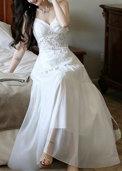 Handmade White V Neck Patchwork Lace Party Dress Summer