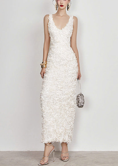 Handmade White V Neck Side Open Cotton Long Dress Sleeveless