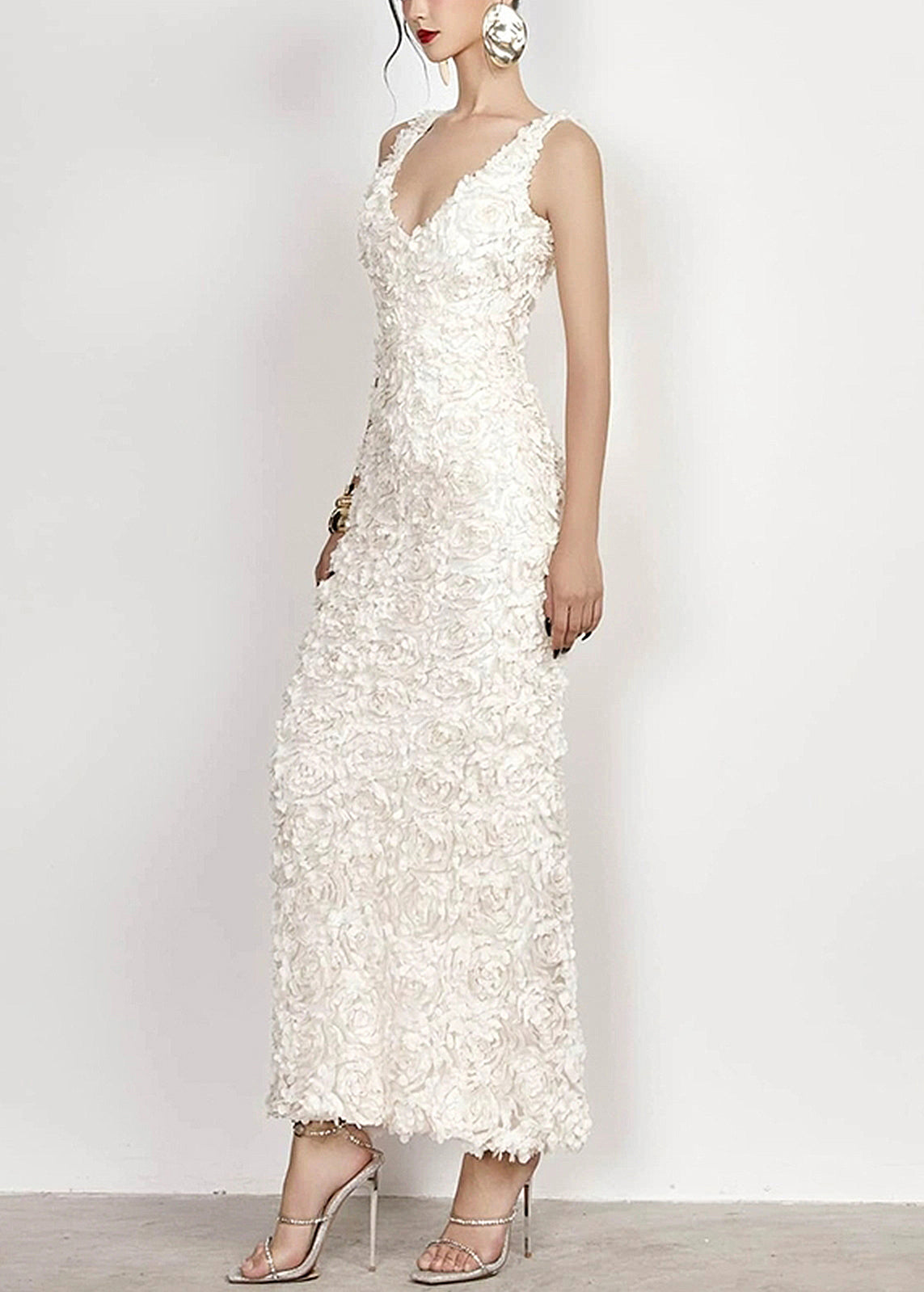 Handmade White V Neck Side Open Cotton Long Dress Sleeveless