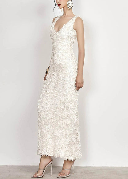 Handmade White V Neck Side Open Cotton Long Dress Sleeveless