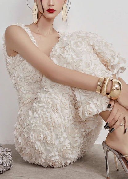 Handmade White V Neck Side Open Cotton Long Dress Sleeveless