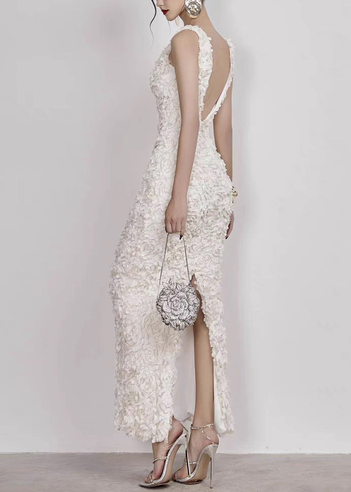 Handmade White V Neck Side Open Cotton Long Dress Sleeveless