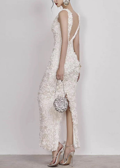 Handmade White V Neck Side Open Cotton Long Dress Sleeveless