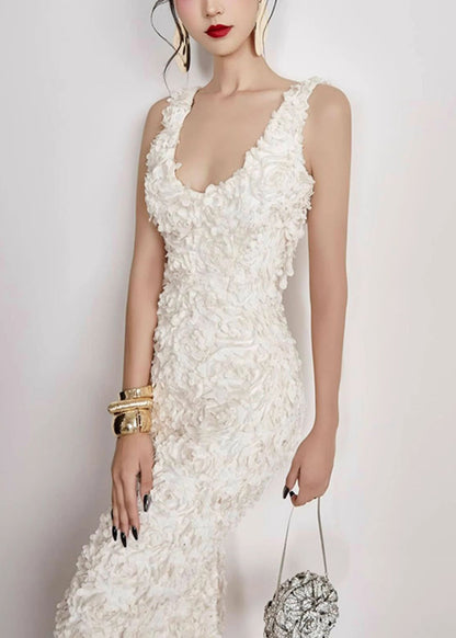 Handmade White V Neck Side Open Cotton Long Dress Sleeveless