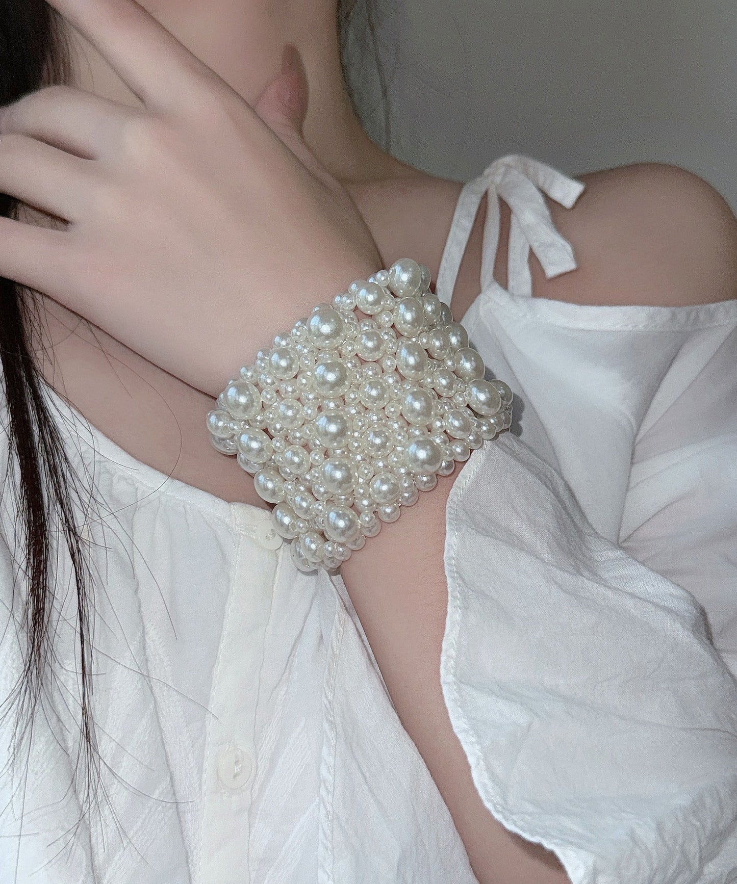 Handmade White Weave Pearl Bangle