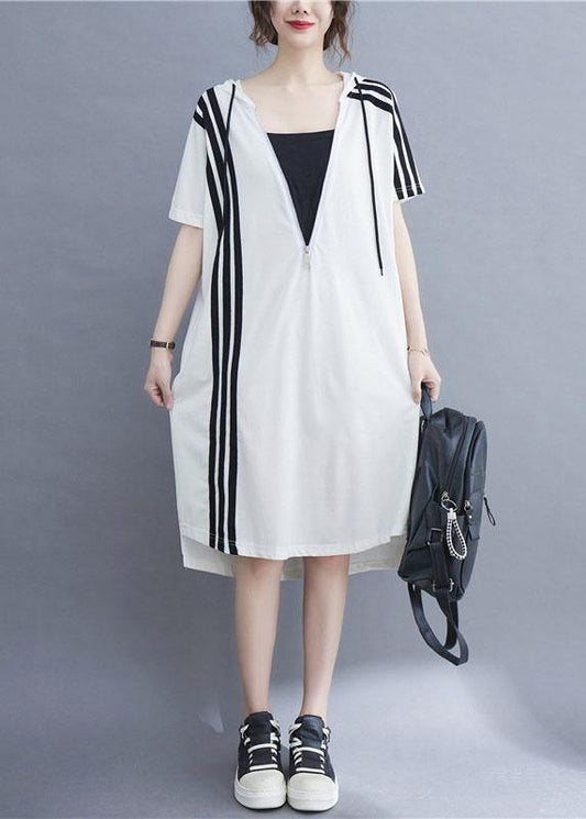 Handmade White hooded zippered Cotton Summer Mid Dress - SooLinen