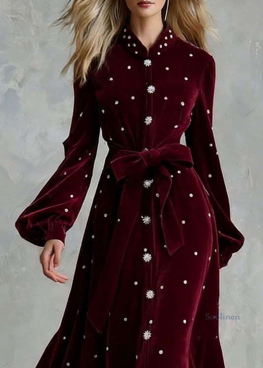 Handmade Wine Red Zircon Tie Waist Silk Velvet Maxi Dresses