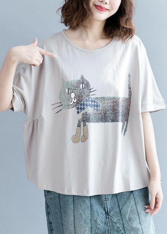 Handmade Women Plus Size Gray Short Sleeve cotton shirts Animal Round Neck Blouse - SooLinen