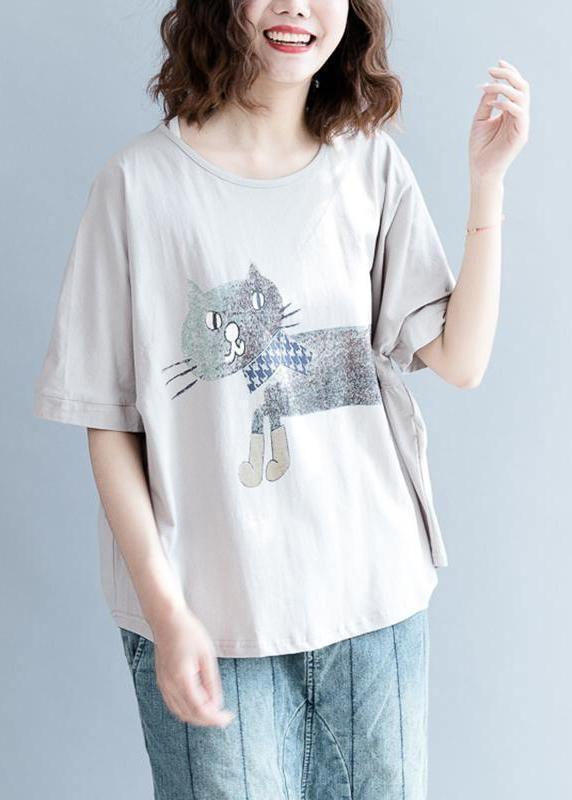Handmade Women Plus Size Gray Short Sleeve cotton shirts Animal Round Neck Blouse - SooLinen