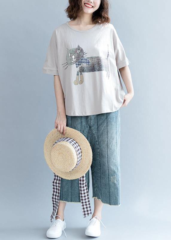 Handmade Women Plus Size Gray Short Sleeve cotton shirts Animal Round Neck Blouse - SooLinen