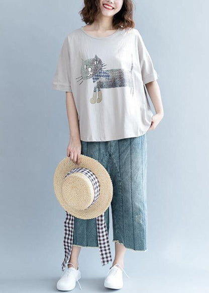 Handmade Women Plus Size Gray Short Sleeve cotton shirts Animal Round Neck Blouse - SooLinen