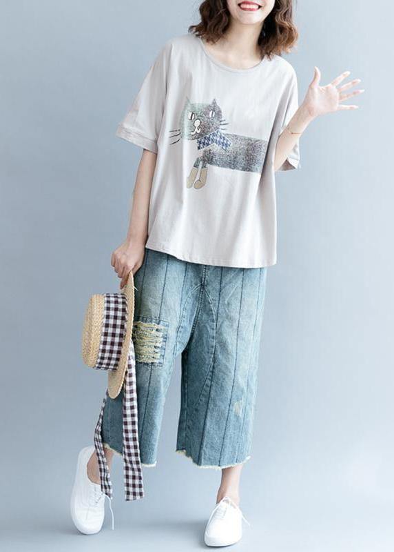 Handmade Women Plus Size Gray Short Sleeve cotton shirts Animal Round Neck Blouse - SooLinen