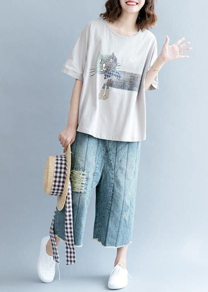 Handmade Women Plus Size Gray Short Sleeve cotton shirts Animal Round Neck Blouse - SooLinen