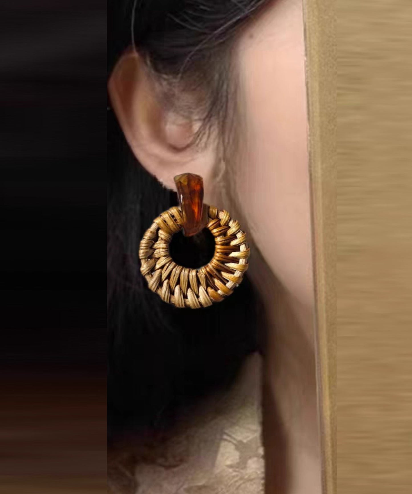 Handmade Yellow Alloy Bamboo Vine Grass Weaving Hoop Earrings