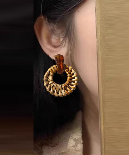 Handmade Yellow Alloy Bamboo Vine Grass Weaving Hoop Earrings