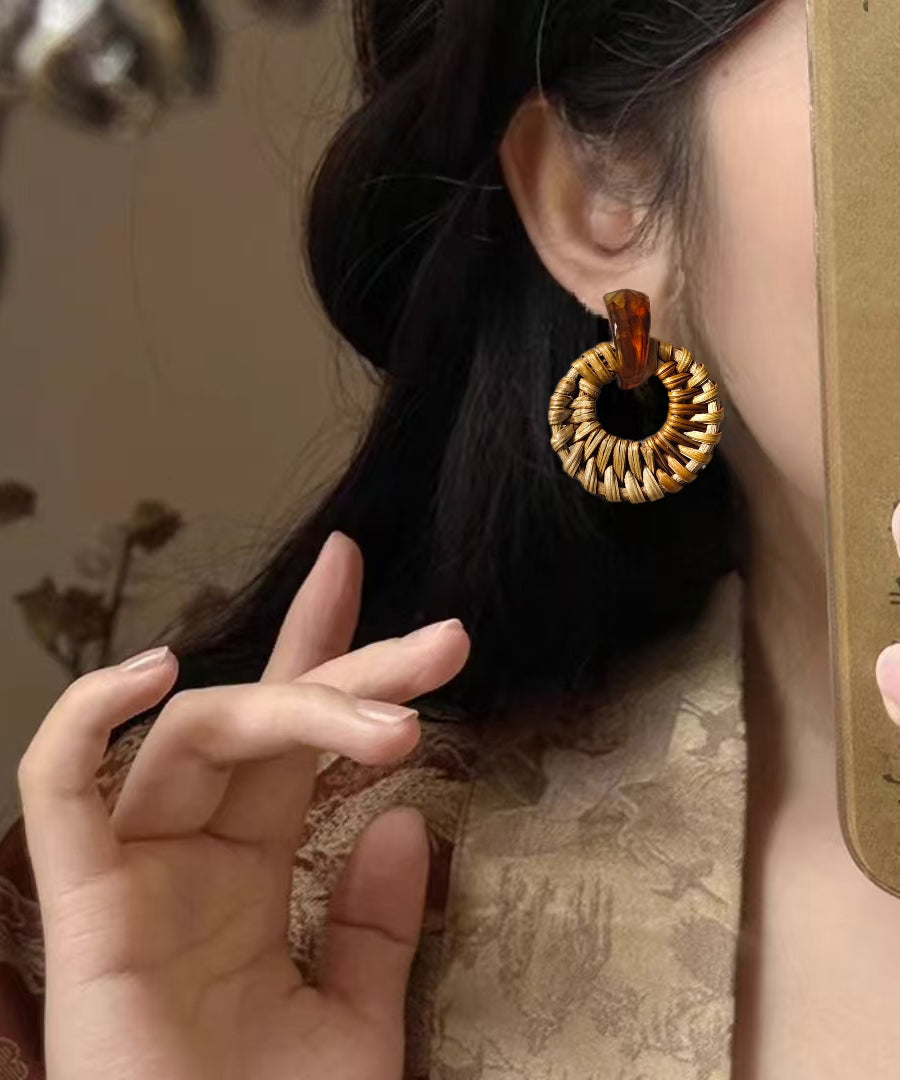 Handmade Yellow Alloy Bamboo Vine Grass Weaving Hoop Earrings