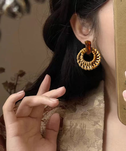 Handmade Yellow Alloy Bamboo Vine Grass Weaving Hoop Earrings