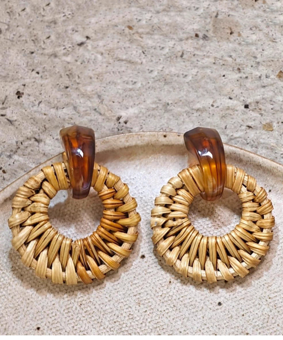 Handmade Yellow Alloy Bamboo Vine Grass Weaving Hoop Earrings