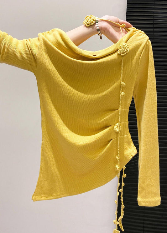 Handmade Yellow Asymmetrical Floral Wrinkled Cotton Blouses Fall