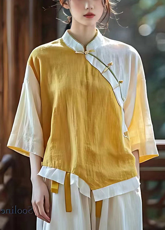 Handgemachtes gelbes asymmetrisches Patchwork Leinen Orientalisches Top Sommer