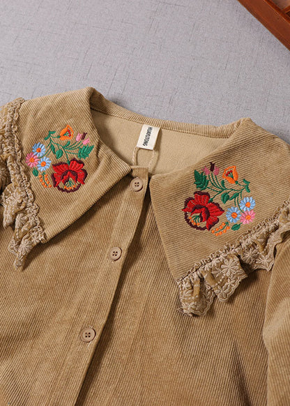 Handgemachtes gelbes besticktes Kordelzug-Maxikleid aus Cord für den Winter