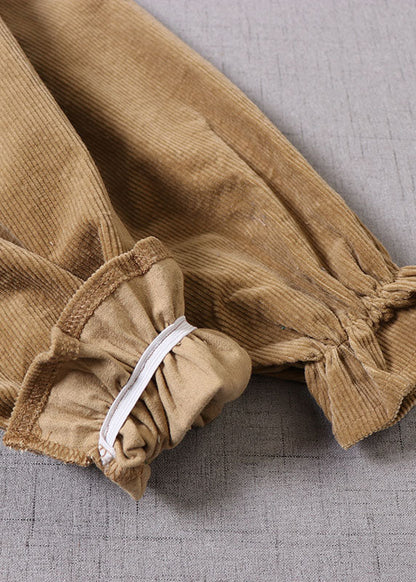 Handgemachtes gelbes besticktes Kordelzug-Maxikleid aus Cord für den Winter