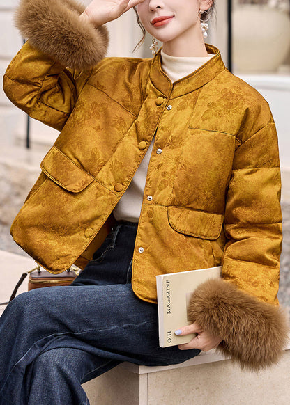 Handgefertigte gelbe Kurzmäntel aus Entendaunen mit Fell-Patchwork