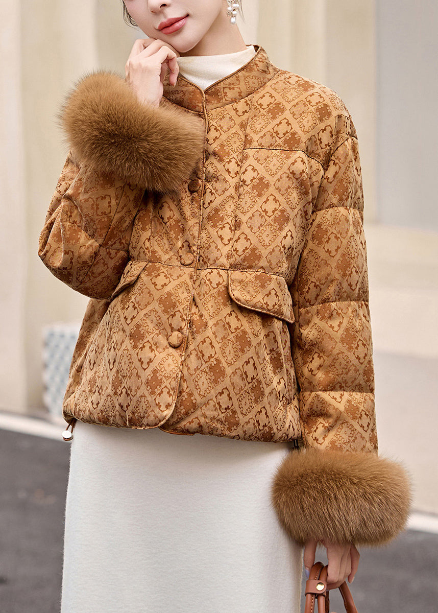 Handgefertigte gelbe Kurzmäntel aus Entendaunen mit Fell-Patchwork