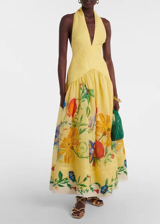 Handmade Yellow Halter V Neck Print Cotton Holiday Dress Sleeveless