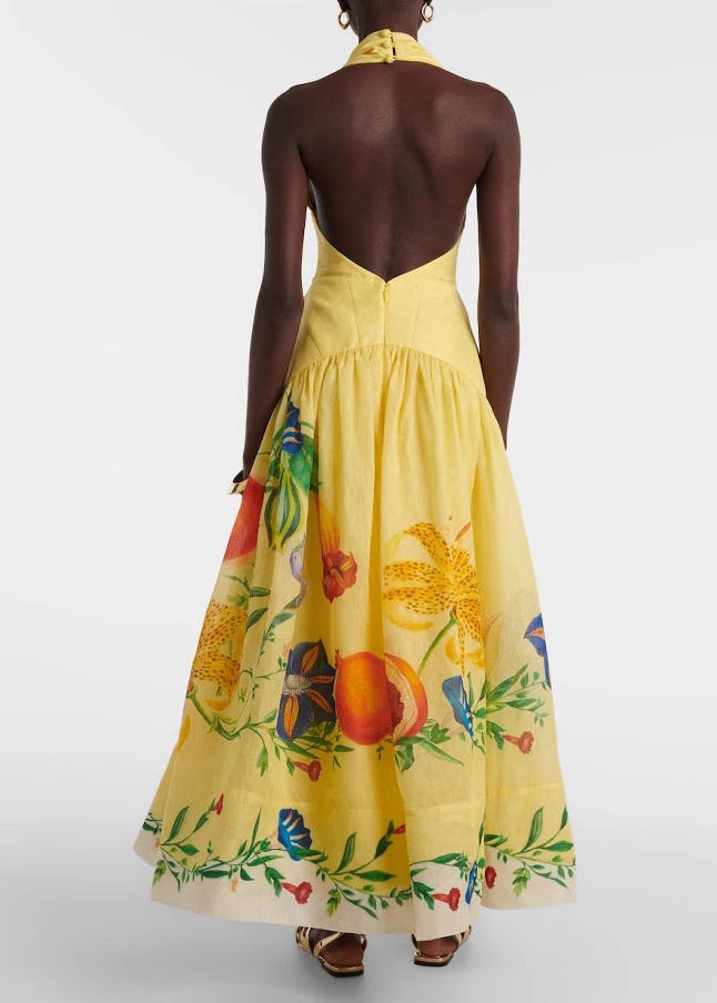 Handmade Yellow Halter V Neck Print Cotton Holiday Dress Sleeveless
