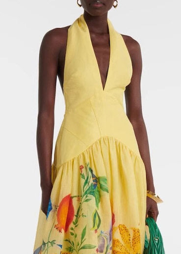 Handmade Yellow Halter V Neck Print Cotton Holiday Dress Sleeveless