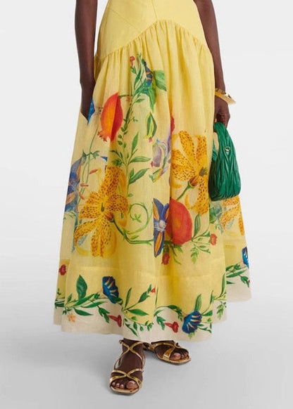 Handmade Yellow Halter V Neck Print Cotton Holiday Dress Sleeveless