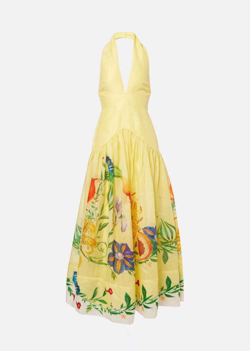 Handmade Yellow Halter V Neck Print Cotton Holiday Dress Sleeveless