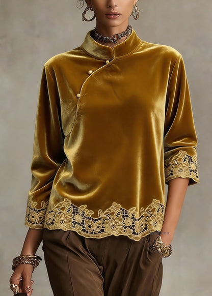 Handmade Yellow Hollow Out Button Solid Shirt Spring