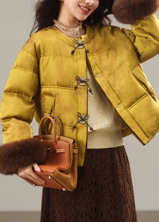 Handmade Yellow O Neck Fur Patchwork Duck Down Puffers Jackets Winter