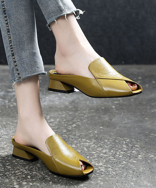 Handgemachte gelbe Peep Toe Splicing weiche klobige Slide Sandalen
