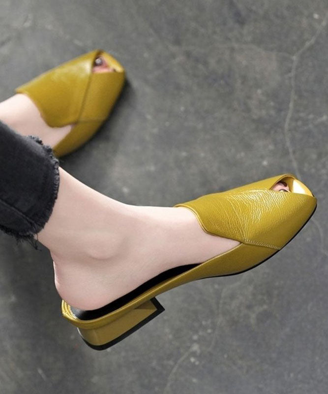 Handgemachte gelbe Peep Toe Splicing weiche klobige Slide Sandalen