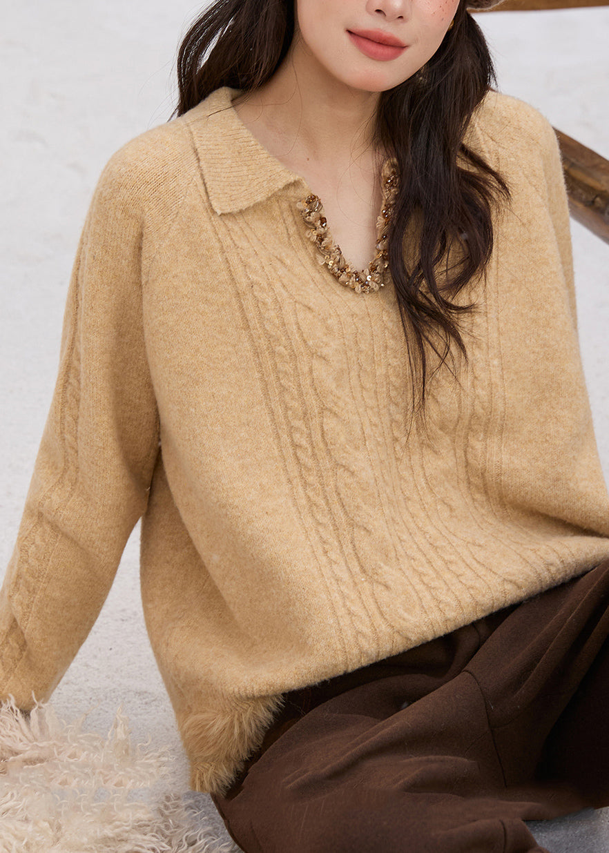 Handgefertigte gelbe Pullover mit Peter-Pan-Kragen, Patchwork und Pailletten, dicker Baumwollstrick, Frühlingspullover