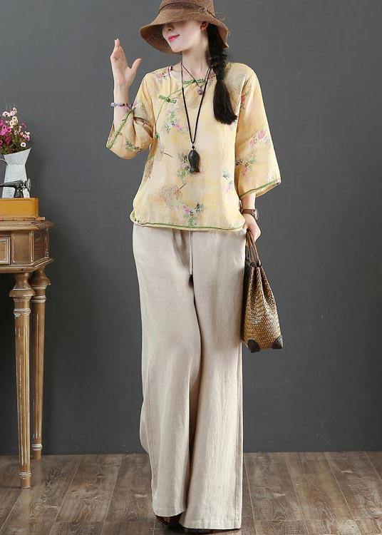 Handmade Yellow Print Linen Summer Shirts - SooLinen