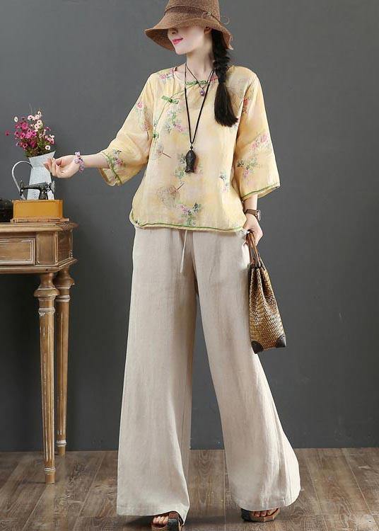 Handmade Yellow Print Linen Summer Shirts - SooLinen