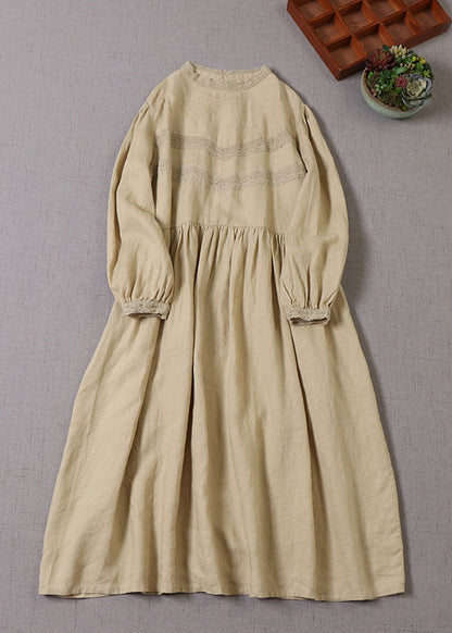 Handgemachte gelbe Puffärmel Patchwork Leinenkleider Frühling