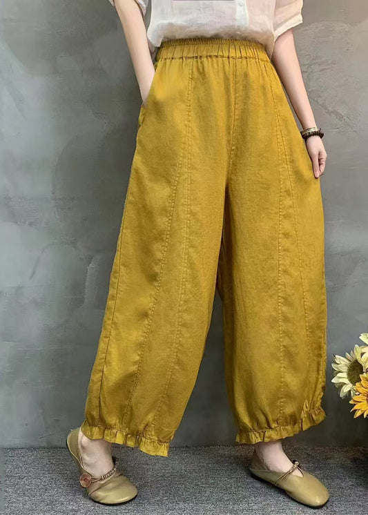 Handmade Yellow Ruffled Oversized Linen Harem Pants Summer