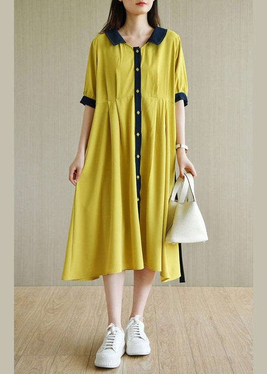 Handmade Yellow Square Collar Button Summer Chiffon Dresses Half Sleeve - SooLinen