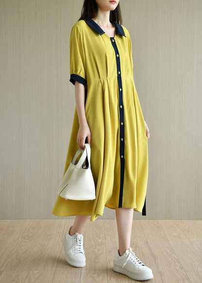 Handmade Yellow Square Collar Button Summer Chiffon Dresses Half Sleeve - SooLinen