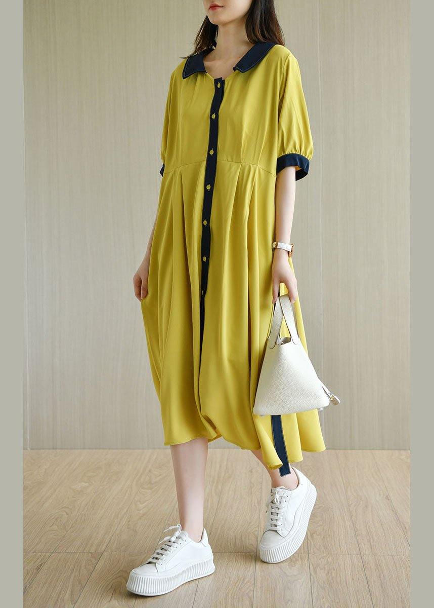Handmade Yellow Square Collar Button Summer Chiffon Dresses Half Sleeve - SooLinen