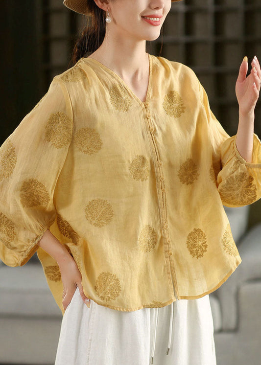 Handmade Yellow V Neck Embroidered Linen Blouse Top Summer