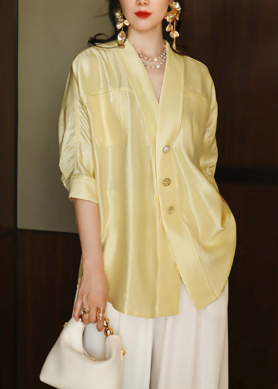 Handmade Yellow V Neck Pockets Button Silk Shirt Summer