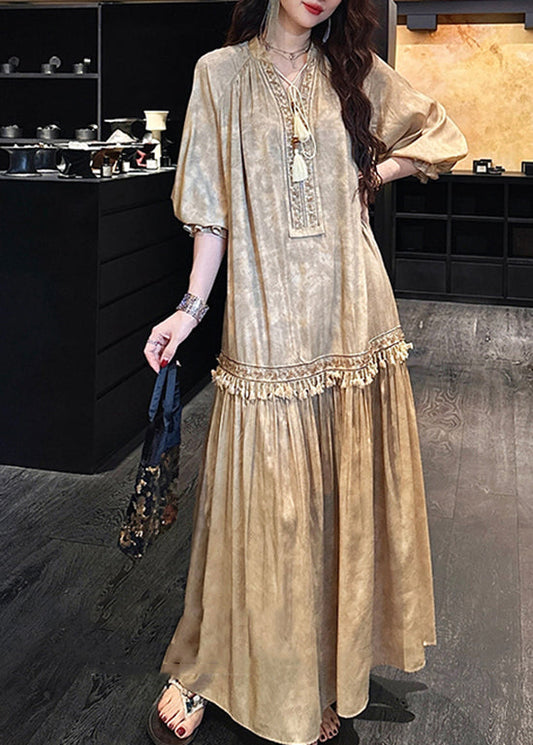 Handmade Yellow Wrinkled Lace Up Patchwork Cotton Dresses Summer